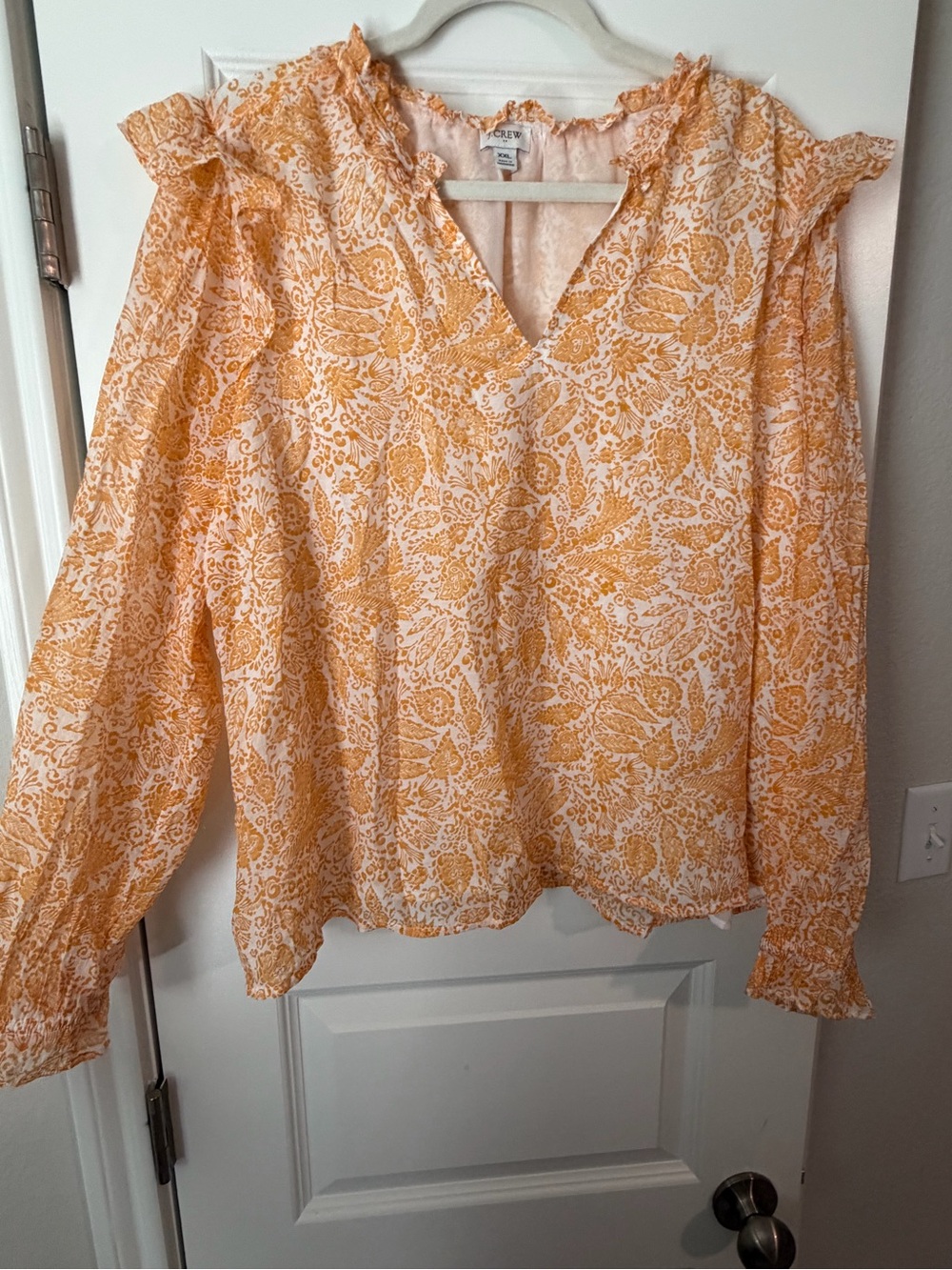 J. Crew Yellow-White Floral V-Neck Ruffle Blouse